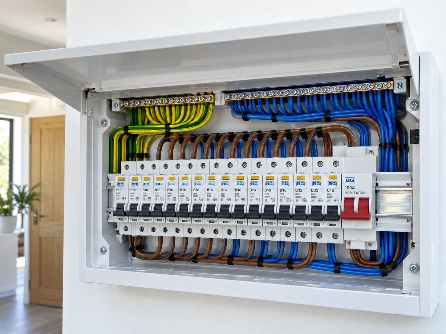 Modern consumer unit with neat wiring