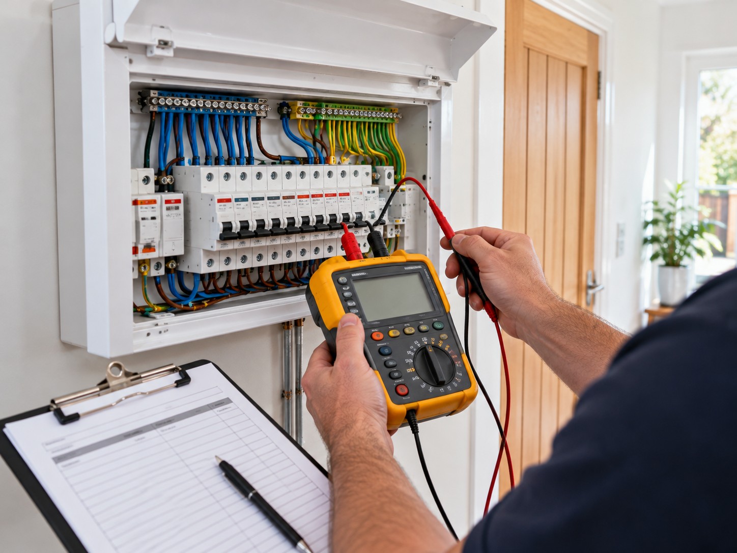 Electrician testing circuits with a multifunction tester