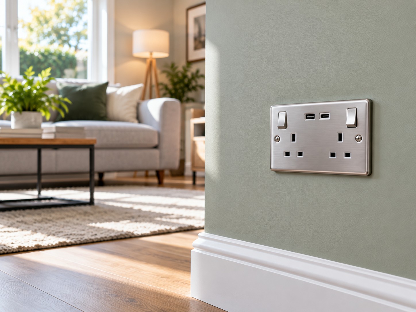 New double socket fitted on a freshly painted wall